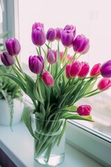 Pink and purple tulips in a glass vase on a windowsill. Fresh spring flowers and bright daylight create a joyful and romantic atmosphere, perfect for home decor, gifts, and floral arrangements