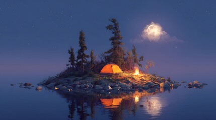 Tranquil Camping Scene on Island: A secluded campsite glows warmly under a serene night sky, inviting viewers into a scene of peaceful relaxation and exploration. 
