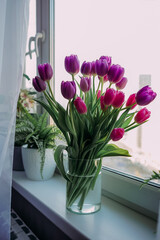 Glass vase with pink and purple tulips on a bright windowsill beside potted plants. Fresh spring...