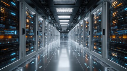 Fototapeta premium A futuristic server room with advanced computing hardware, such as quantum computers and AI-powered systems.