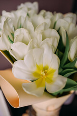 Obraz premium Bouquet of white tulips with yellow centers, wrapped in soft craft paper. Fresh spring flowers symbolize purity and elegance, perfect for celebration, floral decor, and romantic occasions