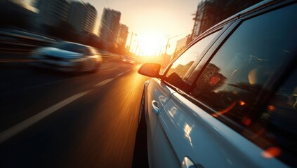 City street at sunset, car in motion