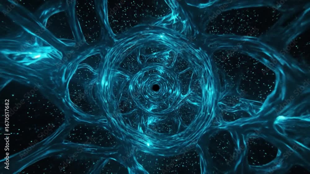 Poster abstract blue sci-fi tunnel with glowing particles and futuristic network lines, digital wormhole ba