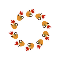 Wreaths for Fall celebration with cute mugs and orange pumpkin Vector holiday illustration Decor for October 31st