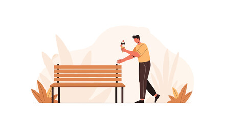Man With Ice Cream Next to Park Bench on a Bright Day Outdoors