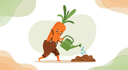 Fototapeta premium Happy Carrot Character Watering Soil With A Green Watering Can Illustration