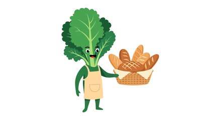 Obraz premium Happy Chard Character Holds Bread Basket Freshly Baked Cartoon Illustration