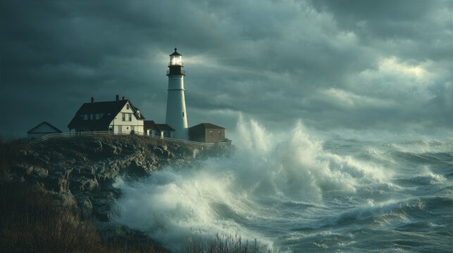 A dramatic shot of a lighthouse standing on a rocky cliff during a fierce storm. The image symbolizes hope, safety, and resilience amidst chaos and a dangerous situation.