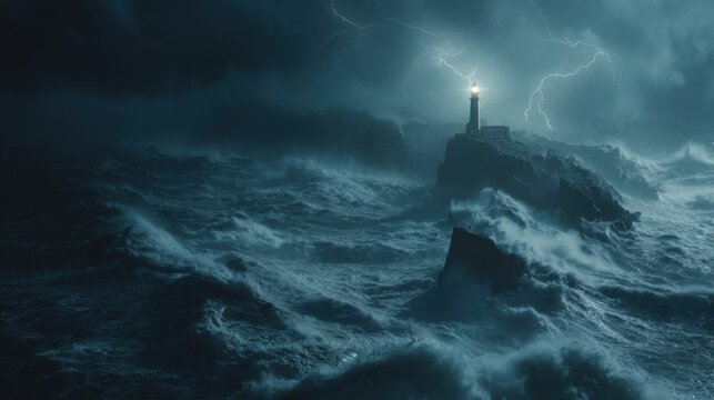 A dramatic shot of a lighthouse standing on a rocky cliff during a fierce storm. The image symbolizes hope, safety, and resilience amidst chaos and a dangerous situation.
