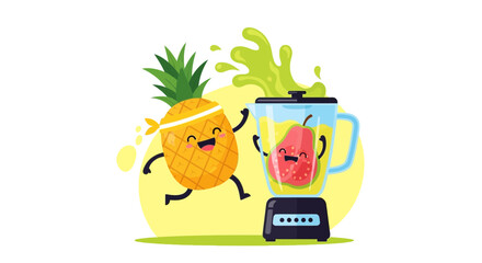 Happy Fruits in Blender Cartoon Illustration For Summer Drink Concept