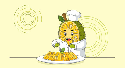 Happy Jackfruit Chef Cartoon Character Preparing A Delicious Tropical Fruit Dessert