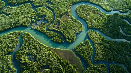 Aerial View of Serpentine Rivers and Lush Mangroves: An aerial perspective of a serene mangrove ecosystem, where winding rivers weave their way through a dense tapestry of green foliage.