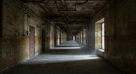 Long, desolate abandoned hallway with peeling paint and brick doorways