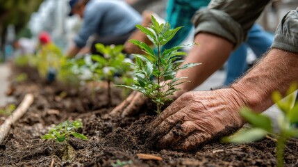 Corporate Responsibility : Business executives planting trees with local community in urban park
