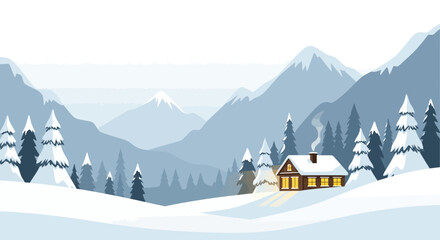 Fototapeta premium Peaceful Winter Scene With Cabin In Snowy Mountain Landscape Illustration