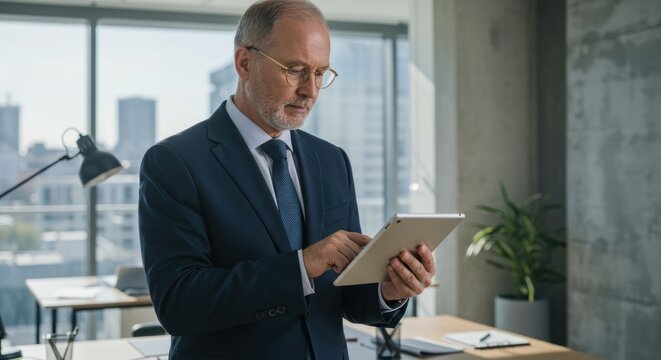 Man in suit uses tablet in office with city view background.