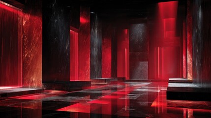 Mysterious hall with red ambient light reflecting from the floor and pillars