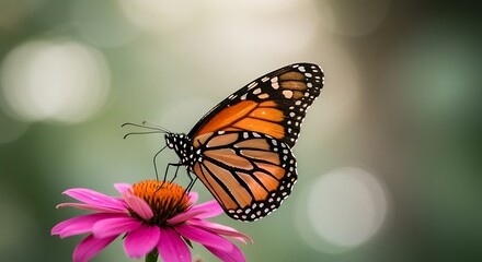 Fototapeta premium Monarch butterfly sips nectar from a vibrant pink coneflower in natural environment