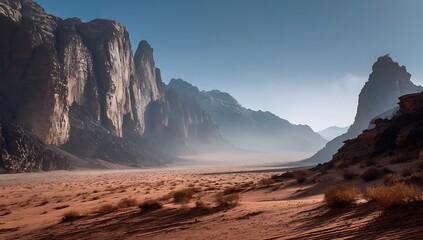Fototapeta premium Misty desert landscape with towering rocky cliffs and sunlit arid terrain
