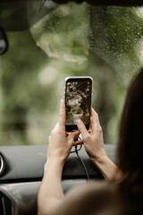 Person photographing a hanging bridge in lush tropical rainforest using a smartphone