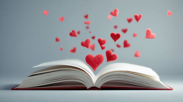 Open book with red hearts floating out symbolizing love and imagination