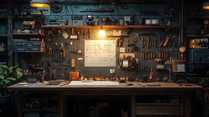 A highly detailed, wide-angle shot of a cluttered wooden workbench in a workshop, filled with an array of tools, blueprints, screws, and various other objects
