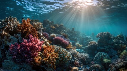 Fototapeta premium A vibrant underwater scene with a colorful coral reef. The image showcases the beauty and rich biodiversity of the marine ecosystem, highlighting conservation and nature.
