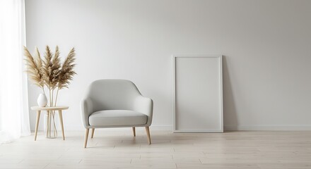 Minimalist interior with light grey armchair, pampas grass, and blank frame