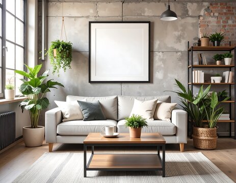 Fototapeta Industrial loft living room interior with blank square picture frame above a light gray sofa and coffee table