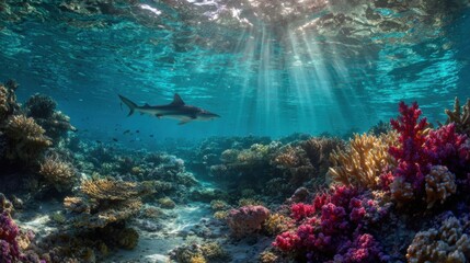 Fototapeta premium A tropical underwater scene with a shark swimming by a stunning coral reef. The image represents the adventure and excitement of diving in exotic locations.