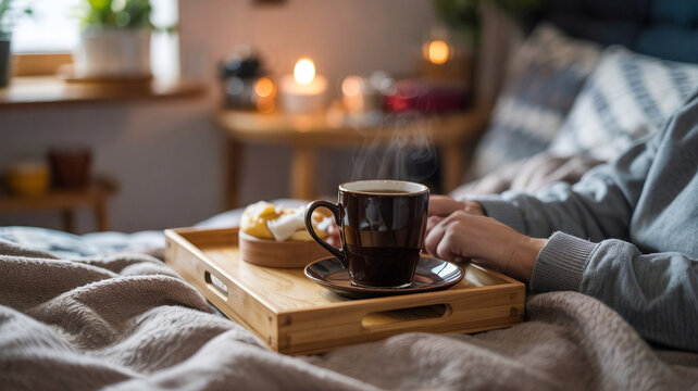 You sip coffee from a tray while still tucked under arm blankets