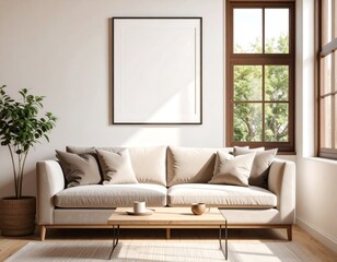 Japandi-style living room interior with beige sofa vertical frame mockup window and potted plant