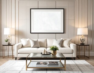 Living room interior with blank framed art above cream sofa glass coffee table and side tables with lamps
