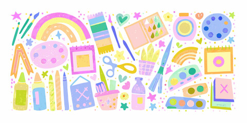 Collection of colorful art supplies and craft elements in a playful doodle style