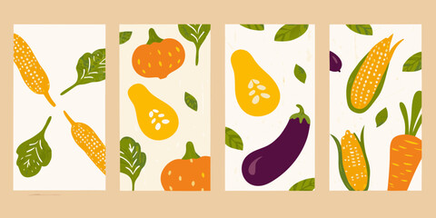 Vibrant collection of hand drawn vegetables including corn squash eggplant carrot and spinach in a modern flat style