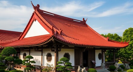 Fototapeta premium Vibrant red roof adorns a Japanese-style building in serene landscaping architecture