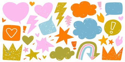 Collection of hand drawn doodle elements including hearts clouds lightning bolts stars crowns and speech bubbles in vibrant colors