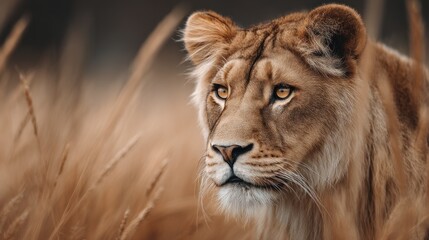 Obraz premium Majestic Lioness in Golden Grassland: A Portrait of Wild Beauty