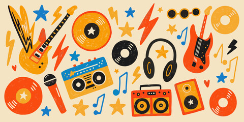 Vibrant hand drawn music icons featuring guitars records boomboxes headphones and stars