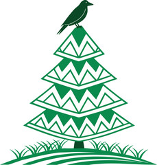 Green bird perched on stylized evergreen tree with grass nature