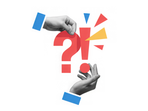 Black and white hands holding a big red question and exclamation marks. Modern collage style. Illustration on transparent background