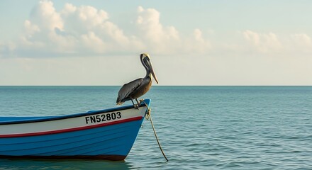 Pelican Resting on a Boat in the Ocean.