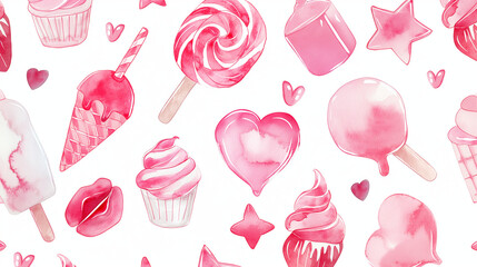 Pink Watercolor Sweets Pattern Seamless Background