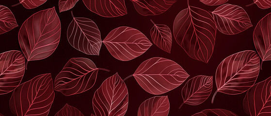 Maroon Leaves Pattern Design with Veins on Transparent Background