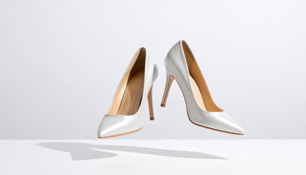 Elegant White High Heel Shoes Floating Delicately Against a Bright Background, Embodying Modern Fashion and Sophistication - Powered by Adobe