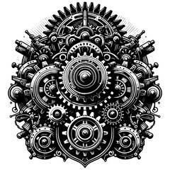 Intricate Mechanical Gears: A detailed, black-and-white illustration of complex interlocking gears, symbolizing industry, innovation, and the inner workings of technology. 
