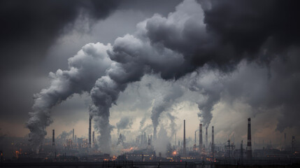Industrial pollution emission event urban factory air quality crisis overcast environment aerial view environmental concern