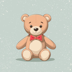 Cute teddy bear with red bow tie sitting on a pastel background. Adorable toy illustration, perfect for children, nursery decor, prints, greeting cards, and gifts