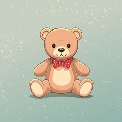 Cute teddy bear with red bow tie sitting on a pastel background. Adorable toy illustration, perfect for children, nursery decor, prints, greeting cards, and gifts