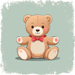 Cute teddy bear with red bow tie sitting on a pastel background. Adorable toy illustration, perfect for children, nursery decor, prints, greeting cards, and gifts